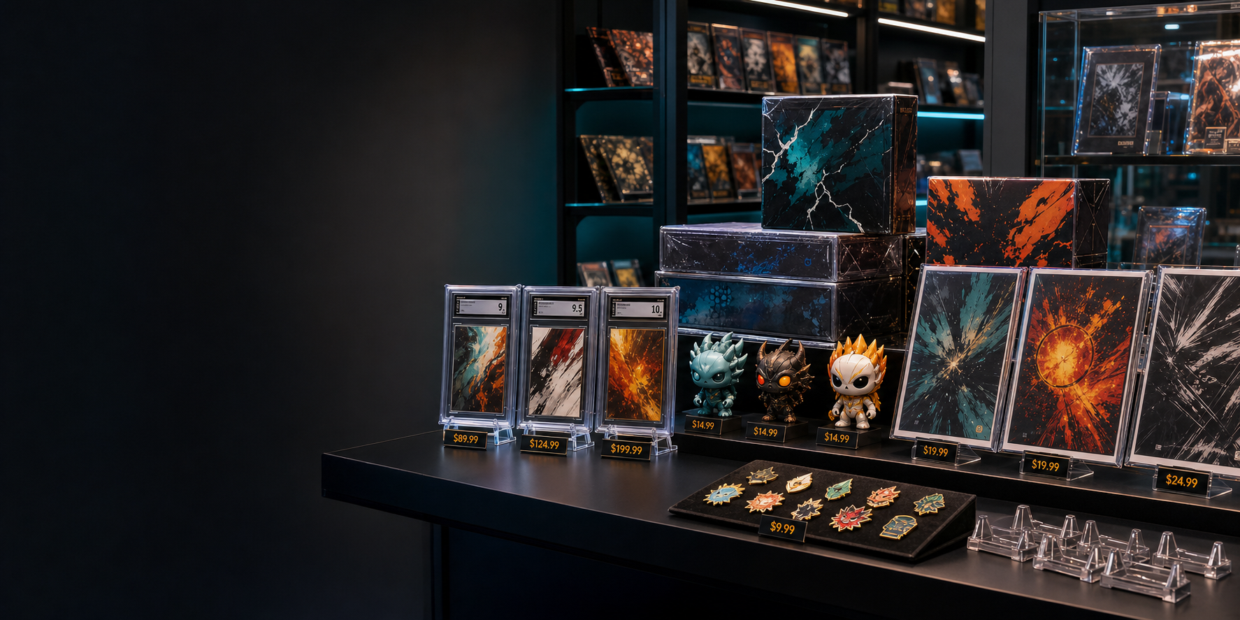 Collectible cards, sealed boxes, figures, pins, and display pieces arranged in a dark retail showcase.